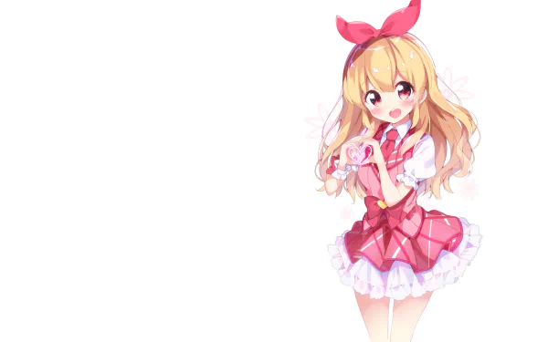Ichigo Hoshimiya (Aikatsu!) in a pink idol outfit, smiling and holding a heart-shaped prop on a white background — HD anime PC desktop wallpaper and background.