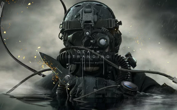 HD desktop wallpaper and background featuring a character from the video game Death Stranding, wearing a complex, futuristic diving suit, partially submerged in dark water with a somber, cloudy backdrop.