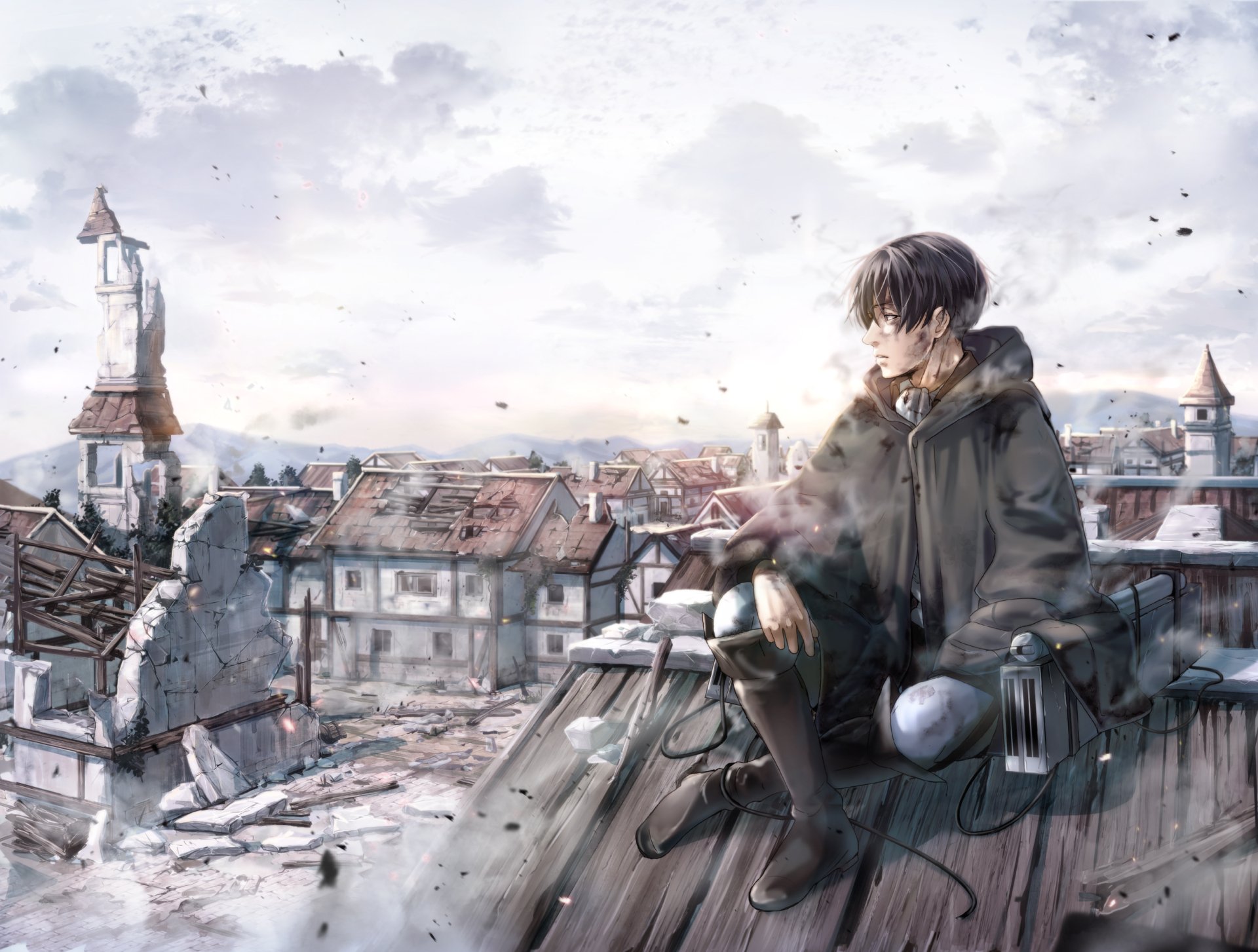 HD desktop wallpaper featuring an anime character from Attack on Titan, sitting thoughtfully on a rooftop overlooking a war-torn town with a melancholic atmosphere.