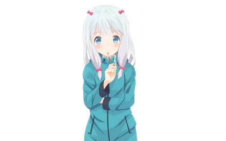 HD desktop wallpaper featuring Sagiri Izumi from the anime EroManga-Sensei, standing with a thoughtful expression. She is depicted with white hair and wearing a blue jacket, against a plain white background.