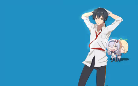 HD PC desktop wallpaper featuring anime characters Glenn Radars, Sistine Fibel, and Rumia Tingel from Rokudenashi Majutsu Koushi to Akashic Records on a blue background.