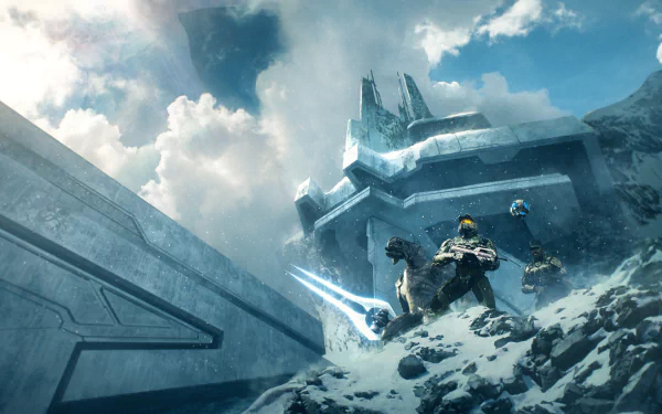 Master Chief, the iconic Halo 3 warrior and soldier, stands ready near a futuristic building in this HD PC desktop wallpaper and background.