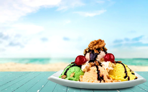 4K Ultra HD desktop wallpaper showing a colorful ice cream sundae with scoops of green, yellow, and white ice cream topped with cherries and chocolate syrup on a beach table.