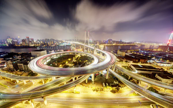 time lapse cityscape highway Nanpu Bridge night China light man made Shanghai HD Desktop Wallpaper | Background Image