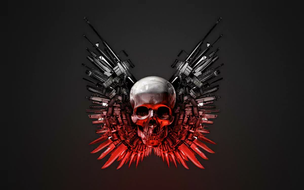 HD desktop wallpaper featuring The Expendables movie emblem with a skull, wings made of guns, and red highlights.