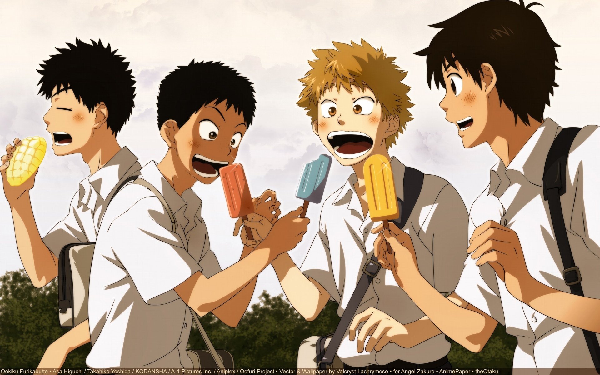 Anime wallpaper — Ookiku Furikabutte: four high-school baseball teammates in shirts laugh and eat popsicles on a sunny day. 2K Quad HD PC desktop background.