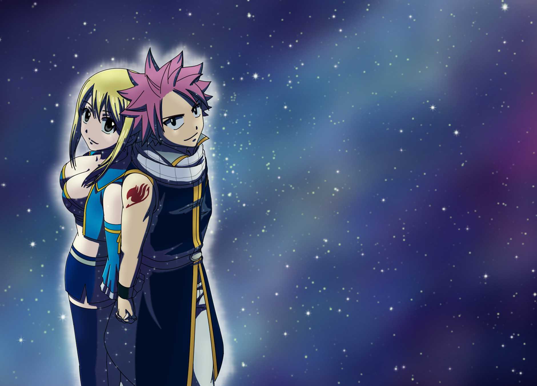 HD anime desktop wallpaper featuring Fairy Tail characters Natsu Dragneel and Lucy Heartfilia against a starry, colorful galaxy background.
