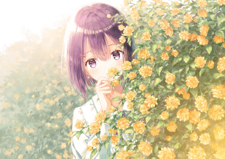 Anime-style artwork featuring a girl with purple hair peeking through yellow flower bushes. The image is colorful and vibrant, making it an excellent HD desktop wallpaper and background.