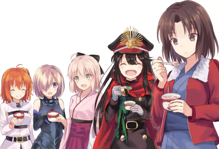 Anime characters from Fate/Grand Order, including Shiki Ryougi, Fujimaru Ritsuka, Shielder, Sakura Saber, and the Demon Archer, gather joyfully, enjoying a meal together in vibrant artwork.