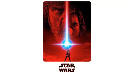 HD desktop wallpaper featuring Rey (Daisy Ridley) holding a lightsaber with Luke Skywalker (Mark Hamill) and Kylo Ren (Adam Driver) in the background from Star Wars: The Last Jedi.