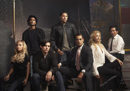 4K Ultra HD desktop wallpaper featuring the main cast of the TV show Heroes: Ali Larter, Adrian Pasdar, Sendhil Ramamurthy, Greg Grunberg, Masi Oka, Milo Ventimiglia, and Hayden Panettiere.