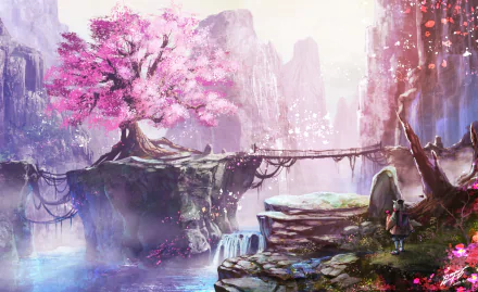 HD anime landscape wallpaper of a serene scene featuring a blooming cherry blossom tree on a cliff, connected by a bridge, with a pastel-colored background.