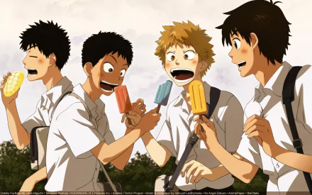 Anime wallpaper — Ookiku Furikabutte: four high-school baseball teammates in shirts laugh and eat popsicles on a sunny day. 2K Quad HD PC desktop background.
