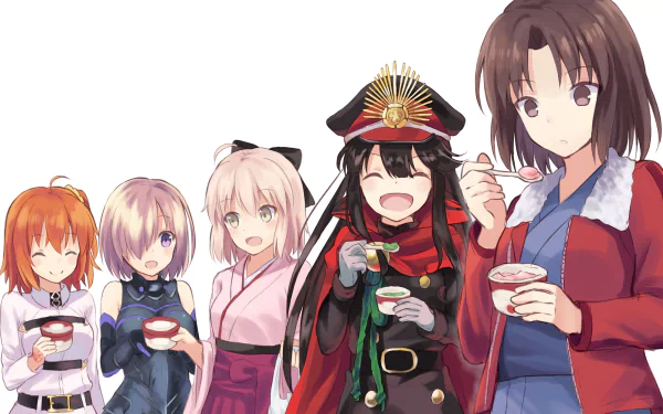 Anime characters from Fate/Grand Order, including Shiki Ryougi, Fujimaru Ritsuka, Shielder, Sakura Saber, and the Demon Archer, gather joyfully, enjoying a meal together in vibrant artwork.