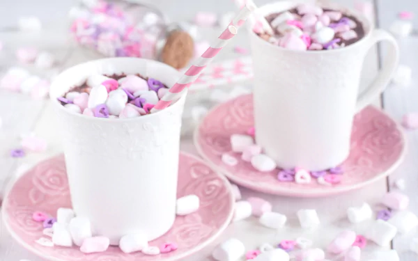Two white cups filled with hot chocolate and colorful marshmallows, placed on pink saucers with scattered marshmallows around, captured in HD desktop wallpaper quality.