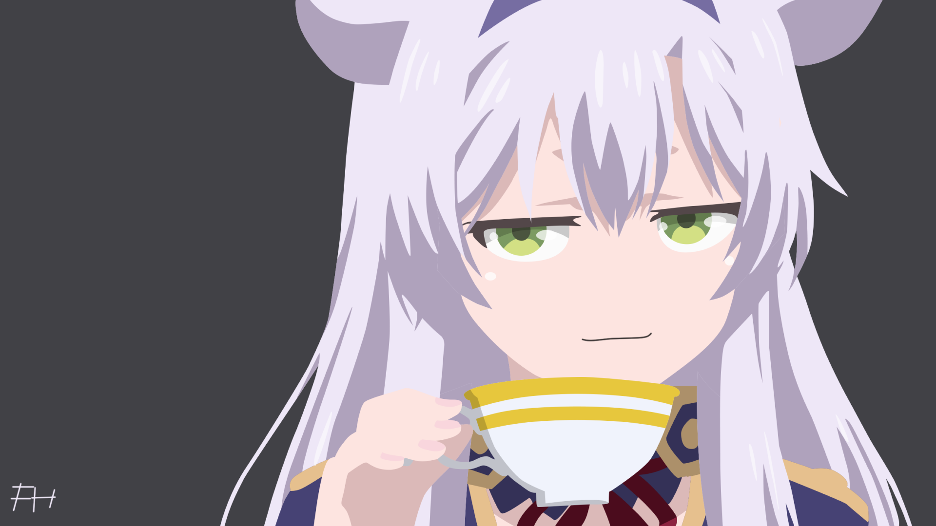 HD desktop wallpaper featuring Sistine Fibel from Rokudenashi Majutsu Koushi to Akashic Records. The anime character has white hair, green eyes, and is holding a yellow-and-white teacup with a neutral expression.