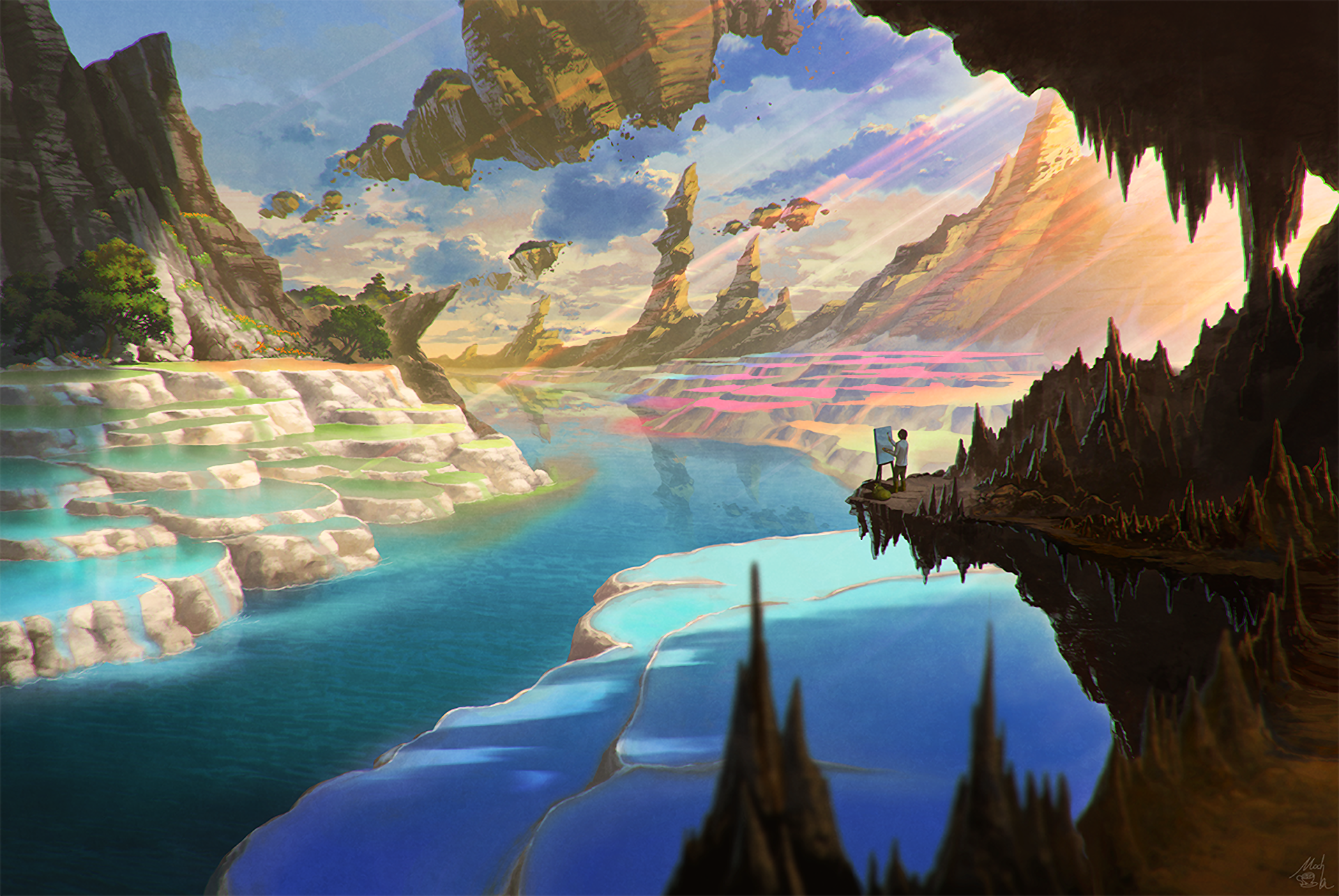Anime-style HD wallpaper featuring a surreal landscape with rivers, mountains, and a vibrant sky, viewed from a cave opening.