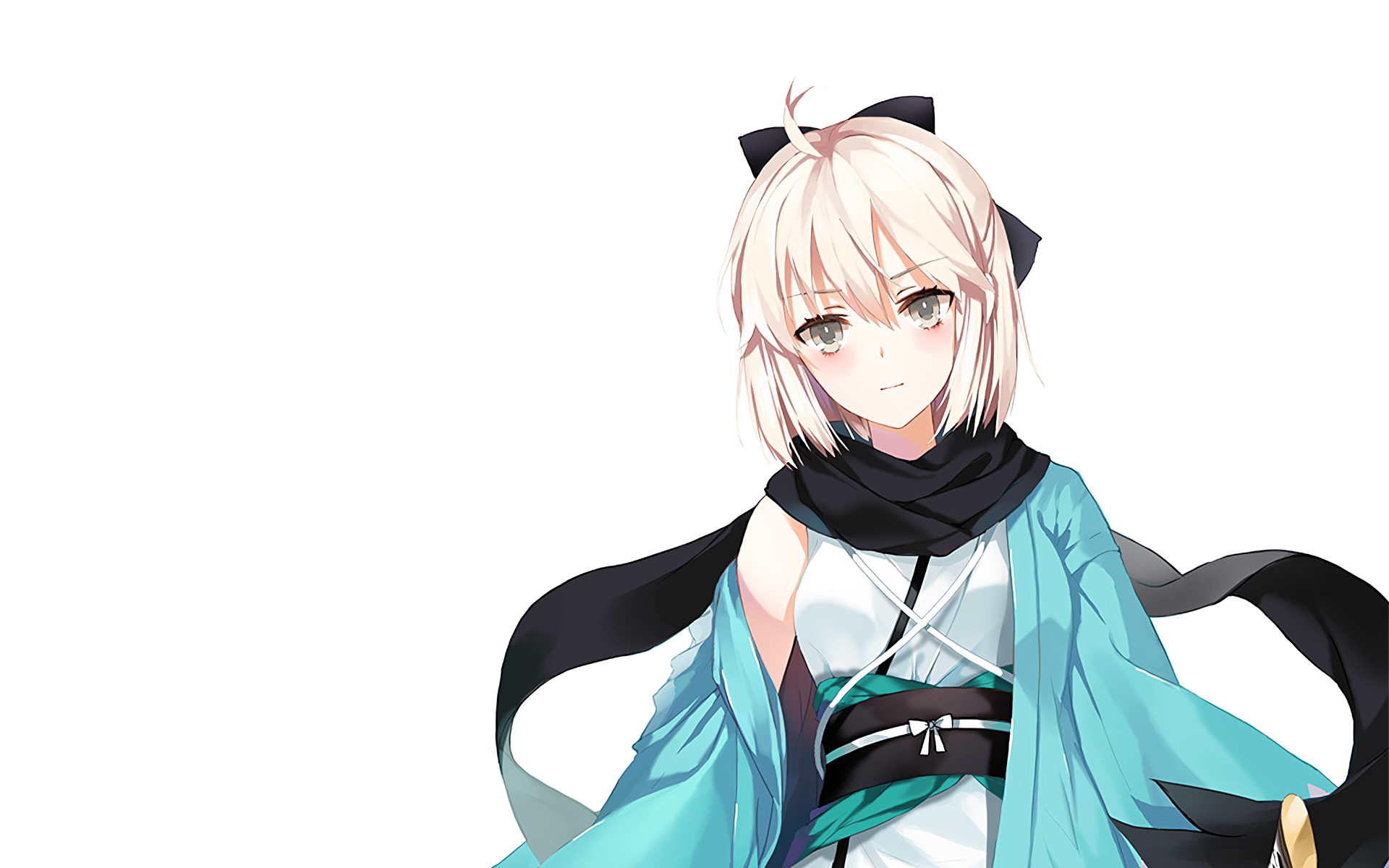 HD anime desktop wallpaper featuring Sakura Saber from Fate/KOHA-ACE, a character from the Fate Series, dressed in a blue kimono with a black scarf.