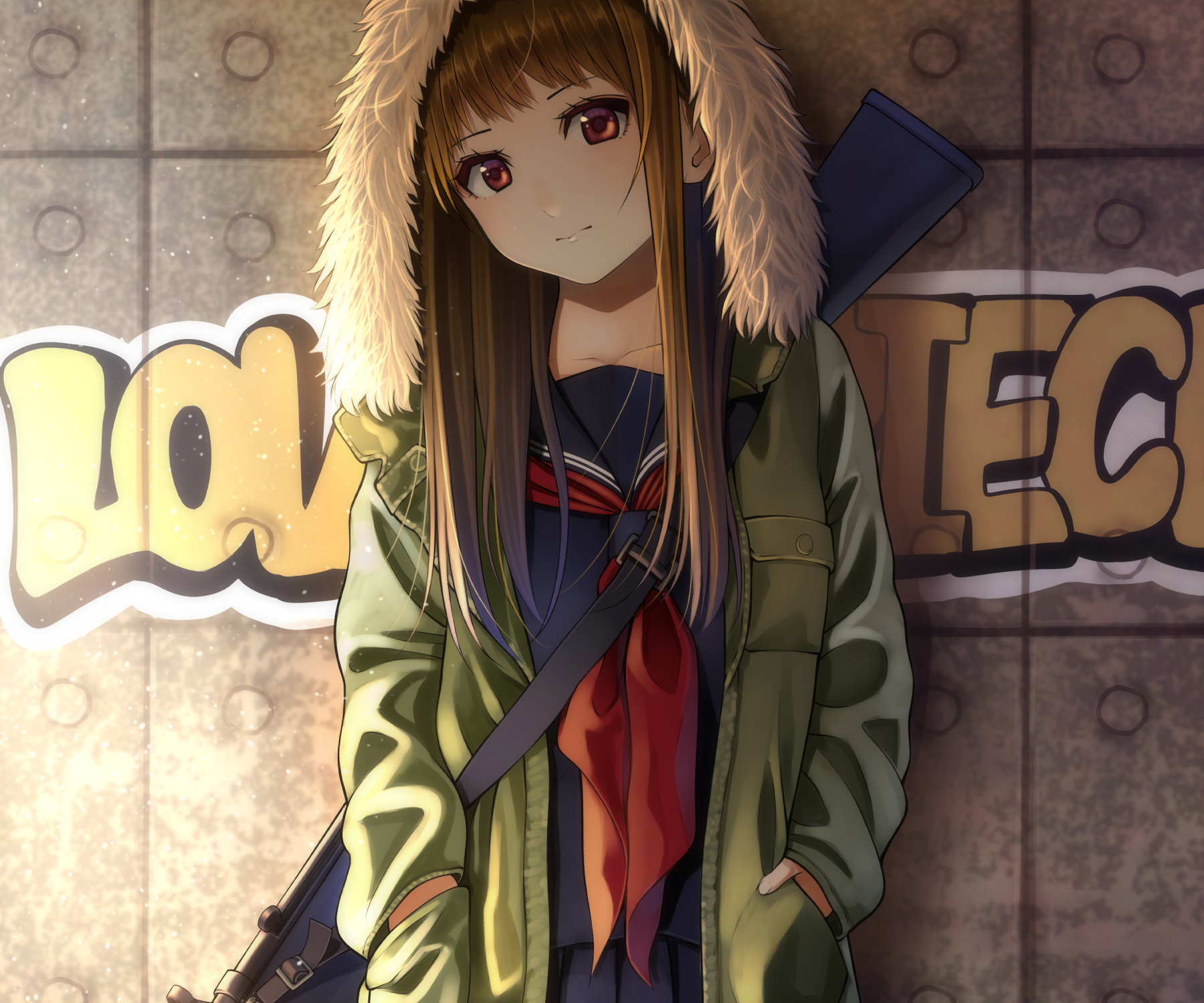 HD anime desktop wallpaper featuring an original character with long, brown hair, wearing warm clothing including a furry hood, standing in front of a graffiti-covered wall.