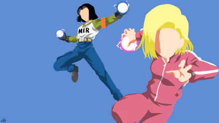 Minimalist HD desktop wallpaper featuring Android 17 and Android 18 from Dragon Ball Super, set against a blue background.