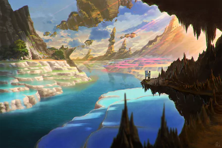 Anime-style HD wallpaper featuring a surreal landscape with rivers, mountains, and a vibrant sky, viewed from a cave opening.