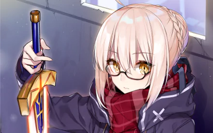 HD desktop wallpaper featuring Heroine X from the anime Fate/Grand Order. The image shows her holding a glowing sword, wearing glasses and a red scarf, with a serious expression.