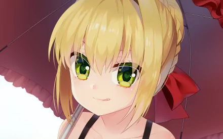 HD anime wallpaper featuring Red Saber from Fate/Extra with striking green eyes and blonde hair, set against a soft, reddish background.