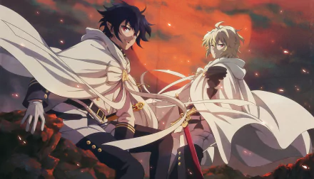 HD desktop wallpaper featuring two characters from the anime Seraph of the End, set against a dramatic, fiery sky.
