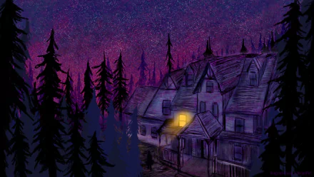 HD desktop wallpaper from the video game Gone Home, featuring a purple night sky above a house surrounded by tall trees.