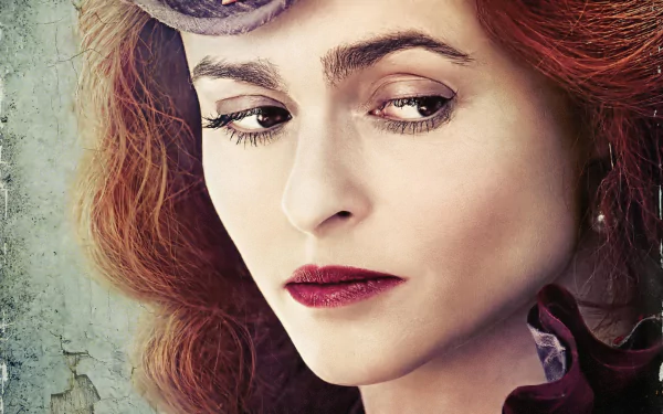 HD desktop wallpaper: close-up of a red-haired woman in period costume and hat, dramatic makeup and sideways glance, cinematic portrait from the movie The Lone Ranger.