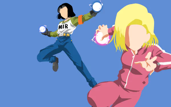 Minimalist HD desktop wallpaper featuring Android 17 and Android 18 from Dragon Ball Super, set against a blue background.