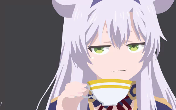 HD desktop wallpaper featuring Sistine Fibel from Rokudenashi Majutsu Koushi to Akashic Records. The anime character has white hair, green eyes, and is holding a yellow-and-white teacup with a neutral expression.