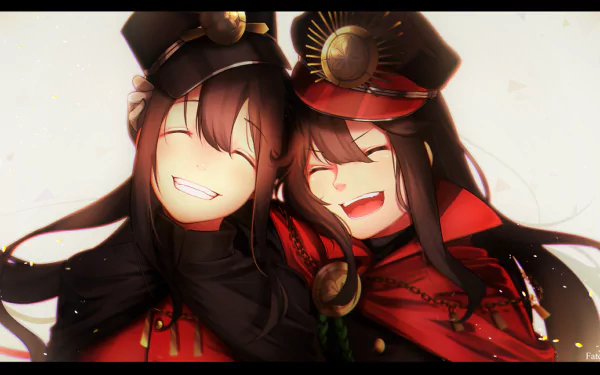 HD PC desktop wallpaper featuring Demon Archer from Fate/Grand Order, depicted in anime style with two smiling characters in dark-themed attire.