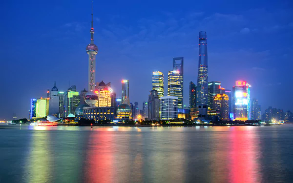 Oriental Pearl Tower skyscraper building city night China light Huangpu River reflection man made Shanghai HD Desktop Wallpaper | Background Image