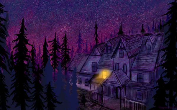 HD desktop wallpaper from the video game Gone Home, featuring a purple night sky above a house surrounded by tall trees.