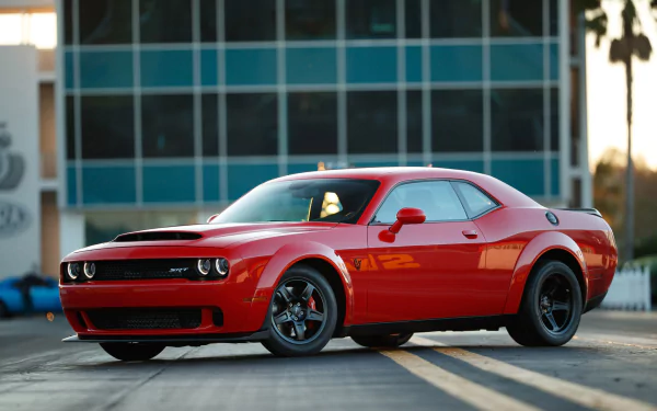 Red Dodge Challenger SRT Demon muscle car (Mopar) on a city street, high-definition PC desktop wallpaper