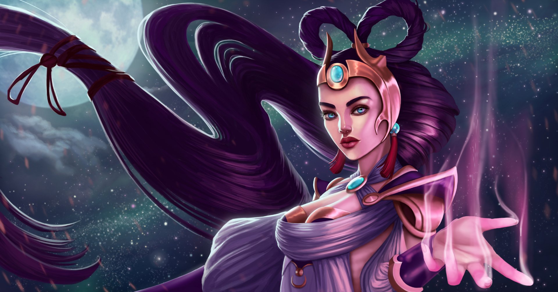 Download Blue Eyes Purple Hair Long Hair Diana (League Of Legends) Video Game League Of Legends Wallpaper by domeano