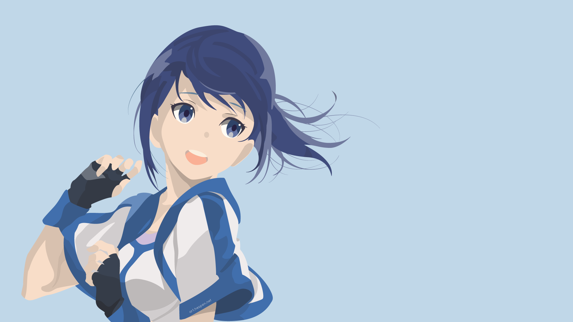 Anime-style 4K Ultra HD wallpaper of Mary from Grimgar of Fantasy and Ash with blue hair and eyes, smiling against a light blue background.