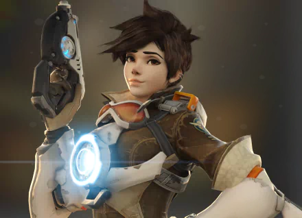 HD PC desktop wallpaper featuring Tracer from the video game Overwatch, showcasing her iconic outfit and chronal accelerator with a confident expression.