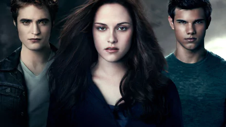 HD desktop wallpaper featuring Edward Cullen (Robert Pattinson), Bella Swan (Kristen Stewart), and Jacob Black (Taylor Lautner) from The Twilight Saga: Eclipse movie.