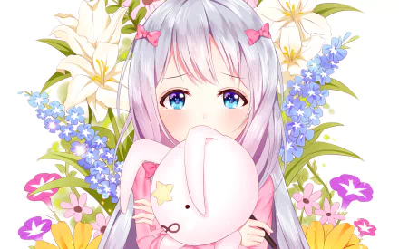 HD desktop wallpaper of Sagiri Izumi from EroManga-Sensei anime, featuring a colorful background with flowers. Sagiri holds a pink stuffed bunny, and her hair is adorned with pink bows.