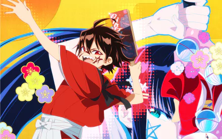 HD PC desktop wallpaper featuring vibrant anime characters from Twin Star Exorcists with dynamic poses and colorful floral and geometric designs.