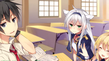 HD wallpaper featuring Glenn Radars, Sistine Fibel, and Rumia Tingel from the anime Rokudenashi Majutsu Koushi to Akashic Records, set in a classroom with open books on a desk.