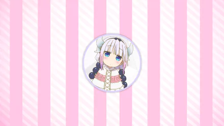 HD desktop wallpaper of Kanna Kamui from the anime Miss Kobayashi's Dragon Maid, featuring her cute expression on a background of pink and white vertical stripes.