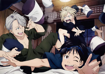 This HD wallpaper features anime characters Victor Nikiforov, Yuri Plisetsky, and Yuuri Katsuki from Yuri!!! on ICE, engaging in a fun, energetic scene together.
