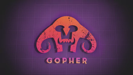 HD PC wallpaper for The Elder Scrolls V: Skyrim video game showing a stylized pink-orange horned skull emblem above GOPHER on a purple grid background.