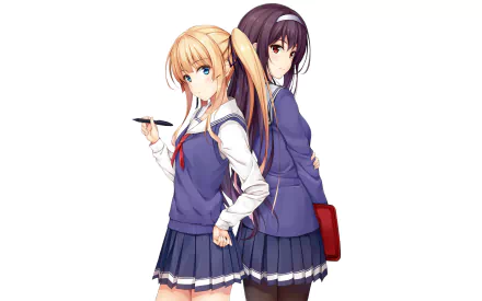 HD desktop wallpaper of Eriri Spencer Sawamura and Utaha Kasumigaoka from the anime Saekano: How to Raise a Boring Girlfriend, featuring the characters in school uniforms with a white background.