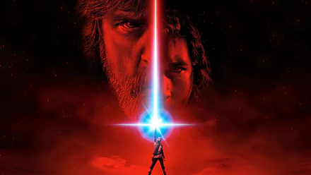HD desktop wallpaper featuring characters Rey, Luke Skywalker, and Kylo Ren from the movie Star Wars: The Last Jedi, with dramatic red tones highlighting Rey holding a lightsaber.
