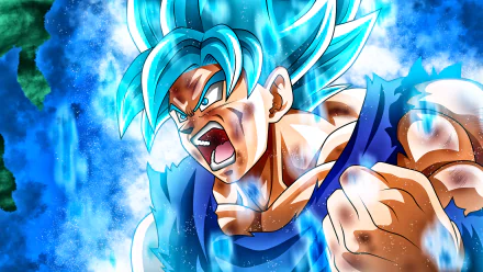 HD desktop wallpaper featuring Goku from Dragon Ball Super, showcasing him in his Super Saiyan Blue form with an intense expression and vibrant blue energy aura.