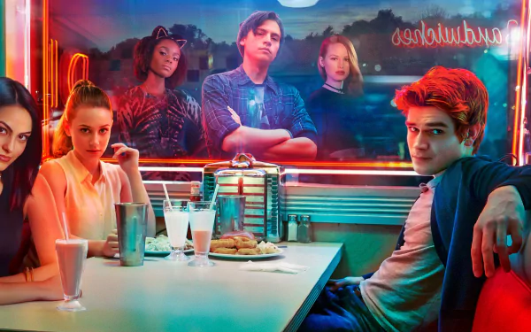 HD desktop wallpaper featuring KJ Apa, Lili Reinhart, Madelaine Petsch, Cole Sprouse, Ashleigh Murray, and Camila Mendes from the TV show Riverdale in a diner setting.